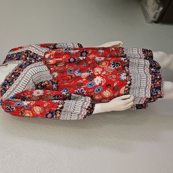 BTFBM Red Floral V-Neck Puff Sleeve Summer Dress - Picture 6 of 11